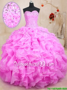 Modest Lilac Organza Lace Up Sweet 16 Quinceanera Dress Sleeveless Floor Length Beading and Ruffles