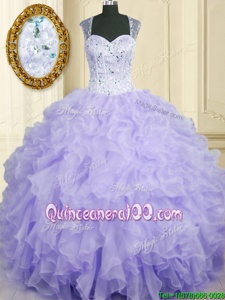 Fine Sleeveless Floor Length Beading and Ruffles Lace Up 15 Quinceanera Dress with Lavender