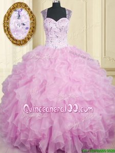 Super Lilac Ball Gowns Beading and Ruffles Quinceanera Gown Zipper Organza Sleeveless Floor Length