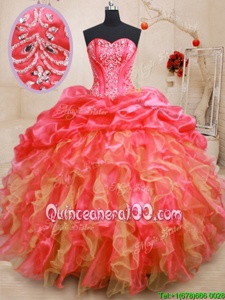 Elegant Organza Sweetheart Sleeveless Lace Up Beading and Ruffles Quince Ball Gowns inRed