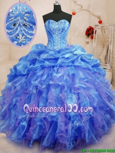Blue Lace Up Sweetheart Beading and Ruffles Quinceanera Dress Organza Sleeveless