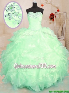 Popular Spring Green Ball Gowns Organza Sweetheart Sleeveless Beading and Ruffles Floor Length Lace Up Quinceanera Dress