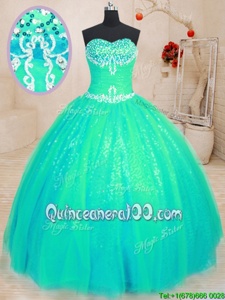 Sweet Turquoise Ball Gown Prom Dress Military Ball and Sweet 16 and Quinceanera and For withBeading and Appliques Sweetheart Sleeveless Lace Up