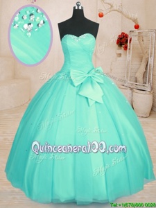 Customized Floor Length Aqua Blue Sweet 16 Dresses Tulle Sleeveless Spring and Summer and Fall and Winter Beading and Bowknot