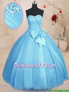 Dramatic Baby Blue Ball Gowns Beading and Bowknot Quinceanera Dresses Lace Up Tulle Sleeveless Floor Length