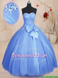 Delicate Spring and Summer and Fall and Winter Tulle Sleeveless Floor Length Quince Ball Gowns andBeading and Bowknot