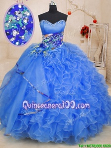 Custom Made Sleeveless Floor Length Beading and Ruffles Lace Up Quinceanera Dress with Blue