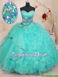 Inexpensive Sweetheart Sleeveless Lace Up Ball Gown Prom Dress Aqua Blue Organza
