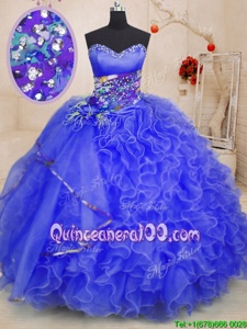 Stunning Ball Gowns Quinceanera Dress Royal Blue Sweetheart Organza Sleeveless Floor Length Lace Up