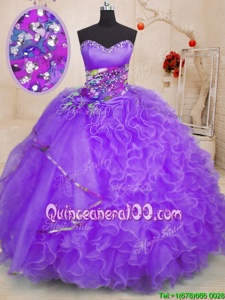 Fantastic Lavender Ball Gowns Organza Sweetheart Sleeveless Beading and Ruffles Floor Length Lace Up Sweet 16 Dress
