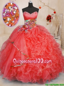 Modern Coral Red Ball Gowns Sweetheart Sleeveless Organza Floor Length Lace Up Beading and Ruffles Quinceanera Dresses
