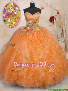 Artistic Orange Lace Up Quinceanera Gown Beading and Ruffles Sleeveless Floor Length