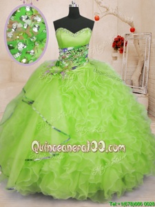 Beautiful Sleeveless Organza Floor Length Lace Up Quinceanera Gown inYellow Green forSpring and Summer and Fall and Winter withBeading and Ruffles