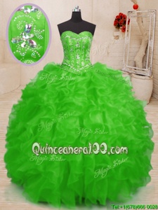 Flare Sweetheart Sleeveless 15th Birthday Dress Floor Length Beading and Ruffles Spring Green Organza