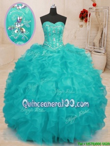Fantastic Sweetheart Sleeveless Lace Up Quinceanera Gowns Aqua Blue Organza