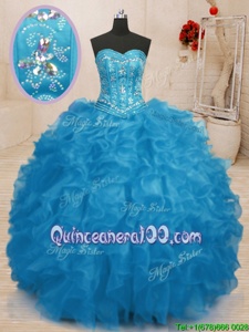 Adorable Baby Blue Sweetheart Lace Up Beading and Ruffles Quince Ball Gowns Sleeveless