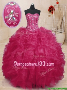 Coral Red Sleeveless Organza Lace Up Quinceanera Gowns forMilitary Ball and Sweet 16 and Quinceanera