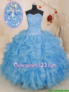 Fancy Floor Length Lace Up Ball Gown Prom Dress Blue and In forMilitary Ball and Sweet 16 and Quinceanera withBeading and Ruffles