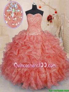 Fine Watermelon Red Organza Lace Up Quince Ball Gowns Sleeveless Floor Length Beading and Ruffles