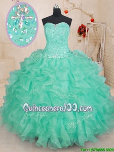 Custom Design Sleeveless Organza Floor Length Lace Up Quinceanera Gown inApple Green forSpring and Summer and Fall and Winter withBeading and Ruffles