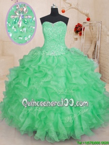 Excellent Green Organza Lace Up Sweetheart Sleeveless Floor Length Sweet 16 Dresses Beading and Ruffles
