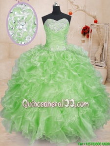 Vintage Spring Green Ball Gowns Sweetheart Sleeveless Organza Floor Length Lace Up Beading and Ruffles Sweet 16 Dresses