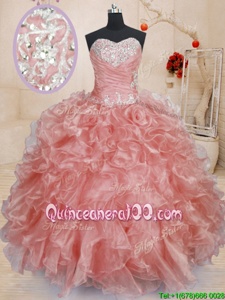Glamorous Ball Gowns Quince Ball Gowns Watermelon Red Sweetheart Organza Sleeveless Floor Length Lace Up