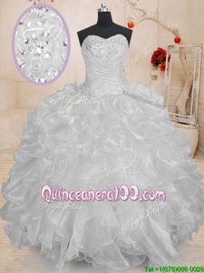 Chic Floor Length White Sweet 16 Dress Organza Sleeveless Spring and Summer and Fall and Winter Beading and Ruffles