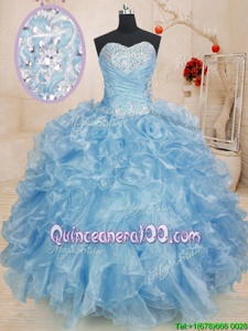 Fabulous Sweetheart Sleeveless 15 Quinceanera Dress Floor Length Beading and Ruffles Blue Organza
