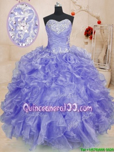 Fitting Lavender Organza Lace Up Sweetheart Long Sleeves Floor Length Quince Ball Gowns Beading and Ruffles