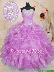 High End Lilac Lace Up Ball Gown Prom Dress Beading and Ruffles Sleeveless Floor Length