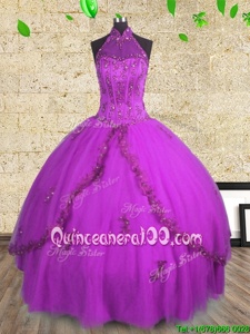 Clearance Halter Top Spring and Summer and Fall and Winter Tulle Sleeveless Floor Length 15th Birthday Dress andBeading