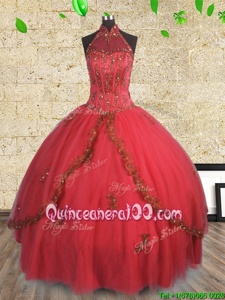 Hot Selling Red Vestidos de Quinceanera Military Ball and Sweet 16 and Quinceanera and For withBeading Halter Top Sleeveless Lace Up