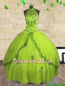 Fashionable Halter Top Floor Length Lace Up Quinceanera Dress Yellow Green and In forMilitary Ball and Sweet 16 and Quinceanera withBeading
