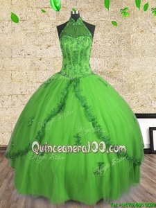 Spring Green Lace Up Halter Top Beading 15th Birthday Dress Tulle Sleeveless