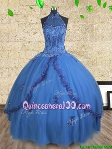 Beautiful Halter Top Blue Sleeveless Floor Length Beading Lace Up Ball Gown Prom Dress