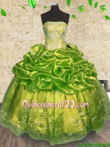 Latest Sleeveless Organza Floor Length Lace Up 15 Quinceanera Dress inOlive Green forSpring and Summer and Fall and Winter withBeading and Embroidery