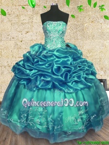 Super Floor Length Turquoise Ball Gown Prom Dress Organza and Taffeta Sleeveless Spring and Summer and Fall and Winter Beading and Ruffles