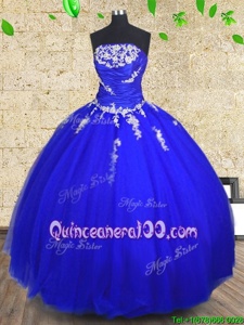Luxury Royal Blue Strapless Lace Up Appliques and Ruching 15 Quinceanera Dress Sleeveless