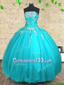 Glamorous Floor Length Lace Up Vestidos de Quinceanera Aqua Blue and In forMilitary Ball and Sweet 16 and Quinceanera withAppliques and Ruching
