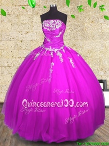 Spectacular Sleeveless Tulle Floor Length Lace Up Ball Gown Prom Dress inPurple forSpring and Summer and Fall and Winter withAppliques and Ruching