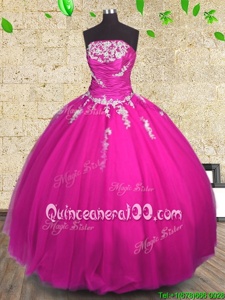 Hot Sale Fuchsia Sweet 16 Dresses Military Ball and Sweet 16 and Quinceanera and For withAppliques and Ruching Strapless Sleeveless Lace Up