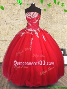 Romantic Red Tulle Lace Up Quinceanera Gowns Sleeveless Floor Length Appliques and Ruching