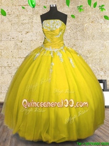 Fabulous Strapless Sleeveless Tulle Vestidos de Quinceanera Appliques and Ruching Lace Up