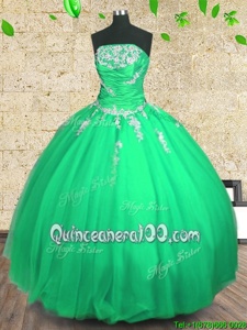 Customized Green Strapless Lace Up Embroidery and Ruching Ball Gown Prom Dress Sleeveless