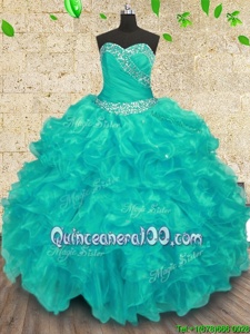 Beautiful Turquoise Sleeveless Organza Lace Up Quinceanera Dresses forMilitary Ball and Sweet 16 and Quinceanera