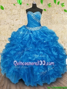 Sumptuous Baby Blue Ball Gowns Organza Sweetheart Sleeveless Beading and Ruching Floor Length Lace Up 15th Birthday Dress