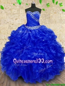 Dramatic Floor Length Royal Blue Vestidos de Quinceanera Organza Sleeveless Spring and Summer and Fall and Winter Beading and Ruffles and Ruching