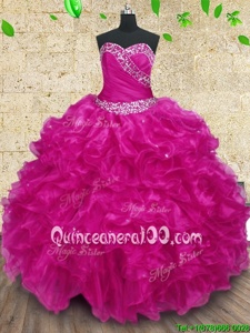 Fine Fuchsia Sweetheart Lace Up Beading and Ruffles and Ruching Quinceanera Dress Sleeveless