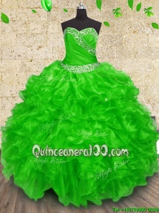 Beauteous Floor Length Lace Up Sweet 16 Quinceanera Dress Spring Green and In forMilitary Ball and Sweet 16 and Quinceanera withBeading and Appliques and Ruffles and Ruching